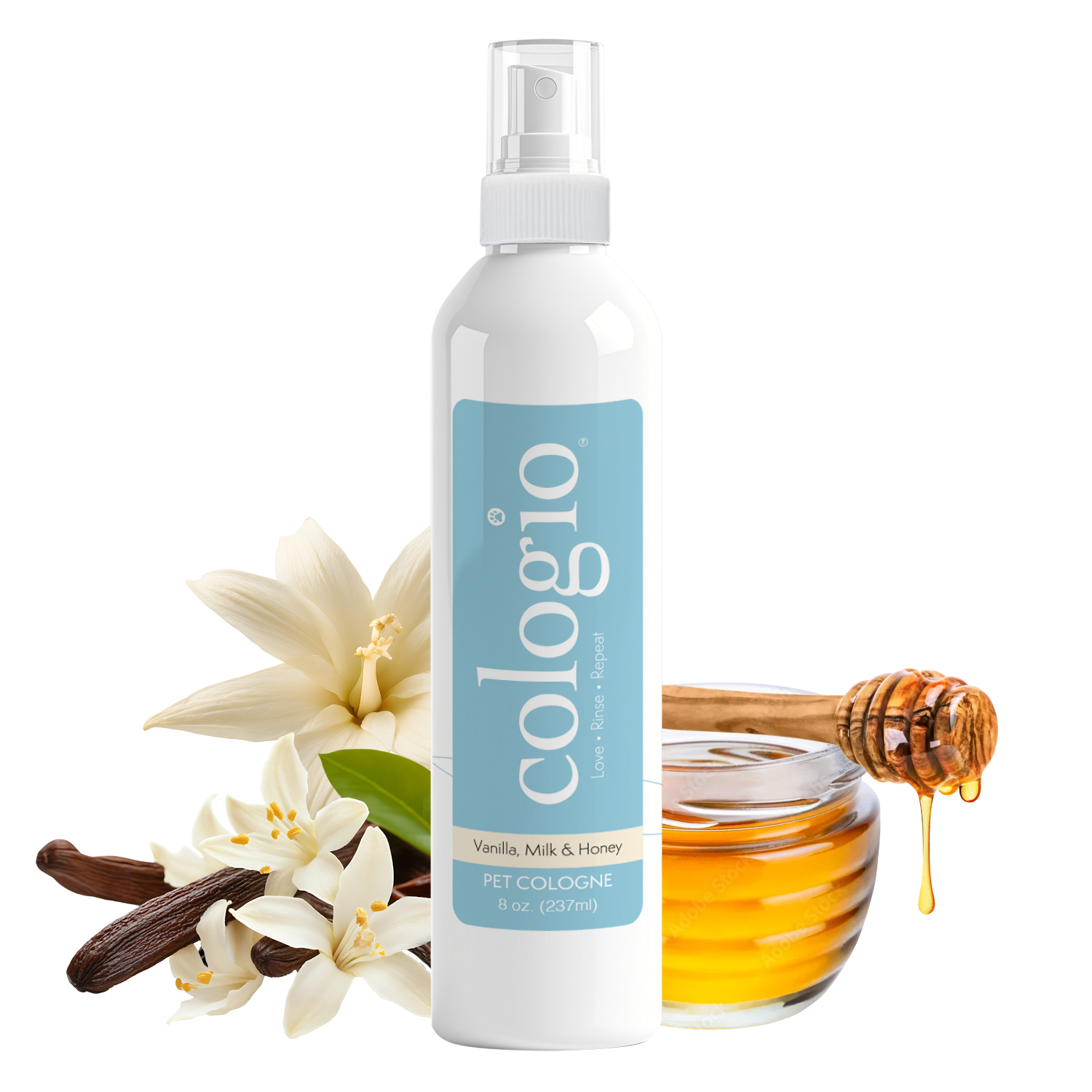 Cologio pet cologne bottle with vanilla, milk, and honey elements on a white background